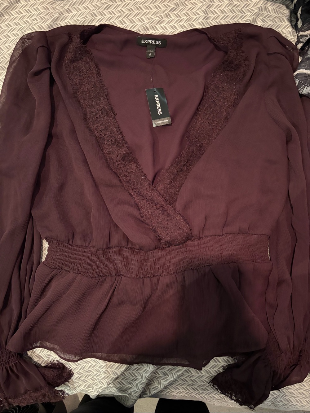Express Burgundy Lace-Trim Surplice Blouse